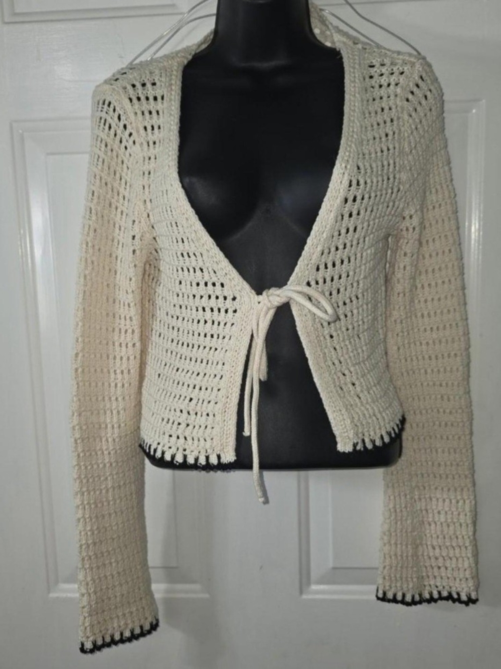 Bershka Cream Crochet Tie-Front Cardigan with Black Trim
